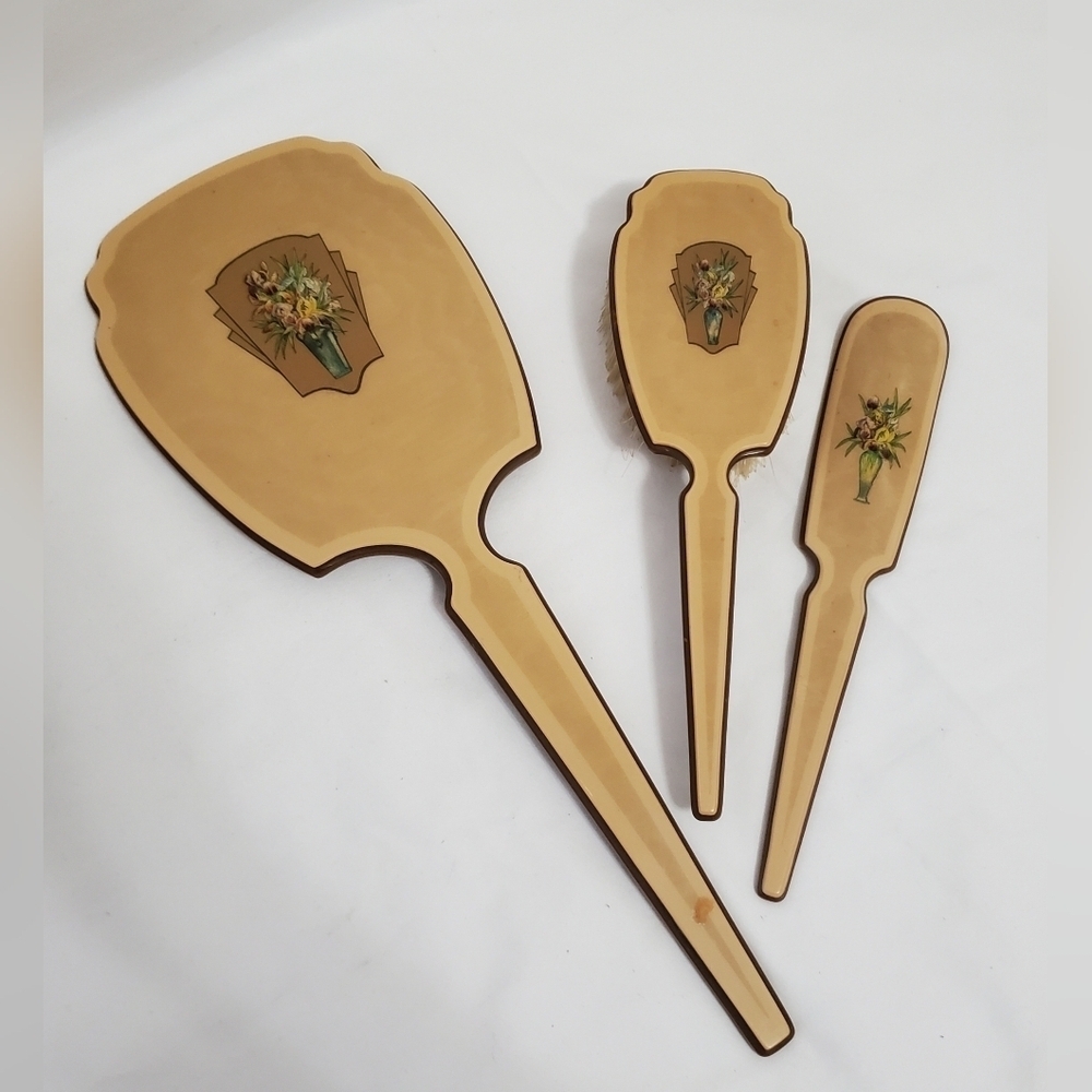 Vintage DuPont Lucite Vanity Set Mirror Brush Comb Floral Art Deco Boudoir - Picture 2 of 16